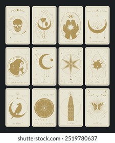 Golden Major Arcana símbolos cartas de tarô conjunto de design. Simbolismo de tarô. Mistério, astrologia, alquimia. Ilustração vetorial