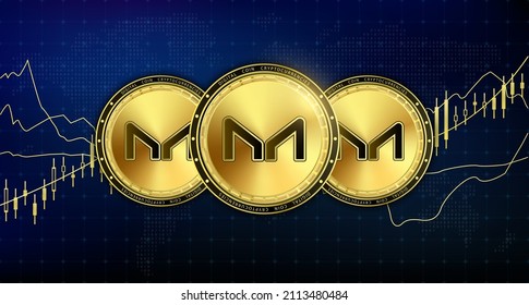 Golden Maker currency. Electronic crypto currency modern technology. Digital cryptocurrency block chain market token banner. On world map chart background. 3D Vector.