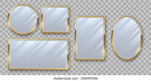 Golden makeup mirrors mockup vector set. Round and rectangular looking glass isolated on transparent background. Glass store, interior decoration. Luxury decor items realistic illustration