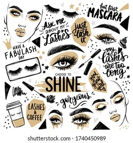 Golden Makeup set with woman portrait, girl faces, eyes with long black lashes, mascara, eyeshadow, brows and calligraphy lettering quotes about cosmetic. Fashion vector collection.