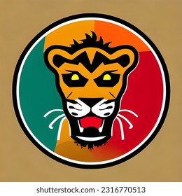 golden male lion logo, yellow eyes, open mouth, authoritative brave strong lion