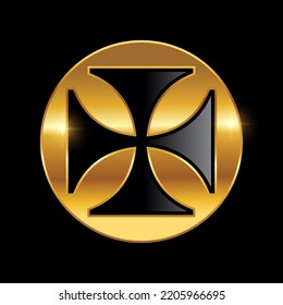 Golden Maltese Cross Logo Sign vector illustration in black background with gold shine effect