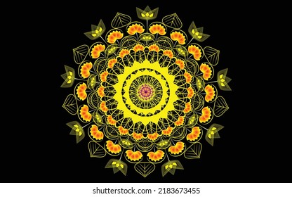 Golden mandala art with flower and round shape on a dark background 