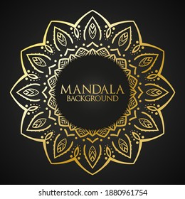 Golden Mandala Background. Oriental pattern in the shape of flower with text. Vector Illustration on black background.