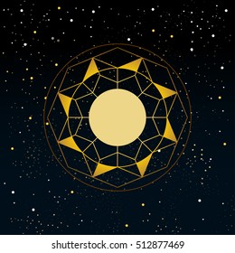 Golden mandala. Circle pattern. Sun symbol. Sacred ethnic sun on cosmic background. Vector eps 10