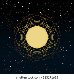 Golden mandala. Circle pattern. Sun symbol. Sacred ethnic sun on cosmic background. Vector eps 10