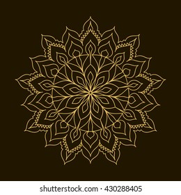 Golden Mandala. Circular ornament on a black background. Handmade drawing. Arabic, Oriental, Indian decorative element.