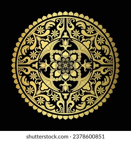 Mandala dorada, forma circular, flores de desplazamiento doradas.