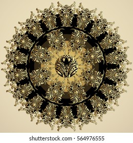 Golden mandala with damask floral pattern, arabesque, fretwork, round oriental ornament. Abstract traditional finely woven decor for backgrounds. Luxury design, precious jewel. East, ethnic design