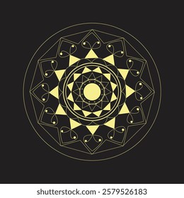 Golden mandala design with a black background.