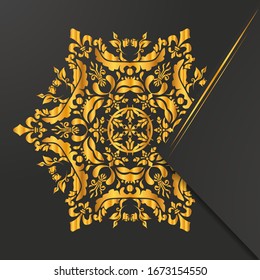 Golden mandala Flower on black isolated background.
