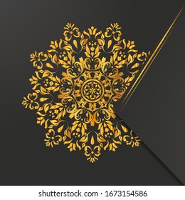 Golden mandala Flower on black isolated background.