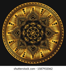 Golden mandala isolated on dark background. Decorative round symbol, arabic motifs. Vector illustration