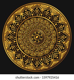 Golden mandala isolated on dark background. Decorative round symbol, arabic motifs. Vector illustration