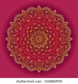 Golden mandala - lace round pattern. Interlacing lines - flowers and leaves, symmetry, a symbol of wealth and harmony. Background - hot pink. Gold glitter and sparks.