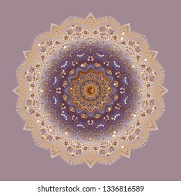 Golden mandala - lace round pattern. Interlacing lines - flowers and leaves, symmetry, a symbol of wealth and harmony. Background - beige with the transition from lilac. Gold glitter and sparks.