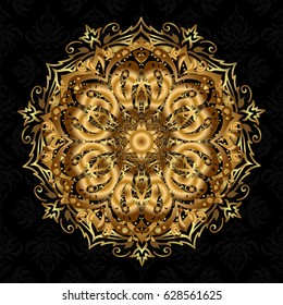 Golden mandala logo on black background. Sacred geometric vector symbol with many petals flower.