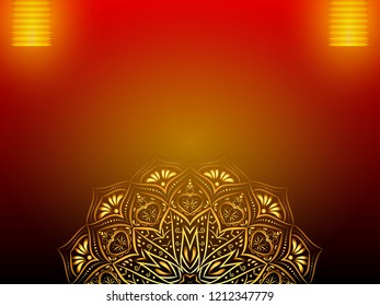 Golden mandala luxury abstract background with light paper lantern. An empty space for text. Vector eps 10.