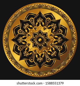 Golden mandala on a black background. Decorative round symbol, arabic motifs. Vector illustration