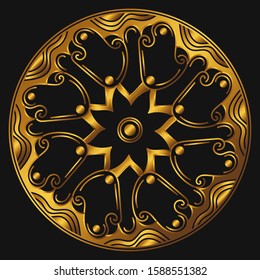 Golden mandala on a black background. Decorative round symbol, arabic motifs. Vector illustration