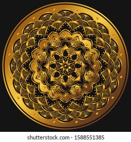 Golden mandala on a black background. Decorative round symbol, arabic motifs. Vector illustration