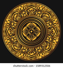 Golden mandala on a black background. Decorative round symbol, arabic motifs. Vector illustration