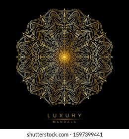 Golden mandala on black background. Luxurious background. Rich ornament. Vector illustration concept for background, party invitation card, website banner, social media banner, marketing material.