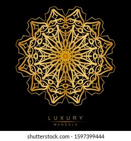 Golden mandala on black background. Luxurious background. Rich ornament. Vector illustration concept for background, party invitation card, website banner, social media banner, marketing material.