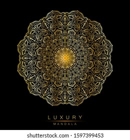 Golden mandala on black background. Luxurious background. Rich ornament. Vector illustration concept for background, party invitation card, website banner, social media banner, marketing material.