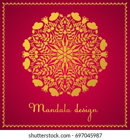 Golden mandala on a red background. Decor for your design, lace ornament, round pattern with lots of details. Oriental style, floral  pattern. Circle lace ornament. coloring for adults