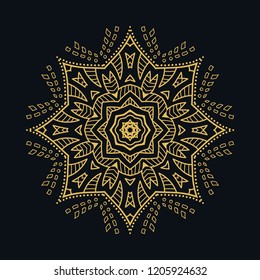 Golden Mandala ornament on a black background, ethnic motif. Isolated gold element for brochure, invitation card, logo, monogram, emblem. Architectural texture design, line icon, tattoo, magic symbol