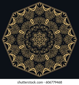 Golden Mandala ornament on a black, ethnic motif. Isolated gold element for brochure, invitation card, logo, monogram, emblem. Architectural texture design, line icon, tattoo, magic symbol