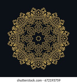 Golden Mandala ornament on a black background, tribal ethnic motif. Isolated gold element for brochure, invitation card, logo, monogram, emblem. Abstract art, line icon, tattoo, magic symbol