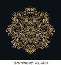 Golden Mandala ornament on a black background, tribal ethnic motif. Isolated gold element for brochure, invitation card, logo, monogram, emblem. Abstract art, line icon, tattoo, magic symbol