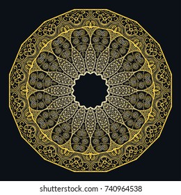 Golden Mandala ornament on a black background, tribal ethnic motif. Isolated gold element for brochure, invitation card, logo, monogram, emblem. Abstract art, line icon, tattoo, magic symbol