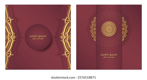 Golden mandala ornament on a burgundy background. Square background with luxurious ethnic ornament. Possible design of invitation, postcards, packaging