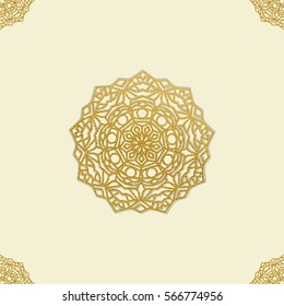 Golden mandala pattern card template for Arabic wedding invitation with copy space in vector illustration. It also can be used for Ramadan festival.