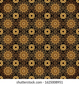 Golden Mandala pattern design on black background. Fabric print doddle surface, repeat floral icon. Wedding invitation card maker for attractive look in social life.