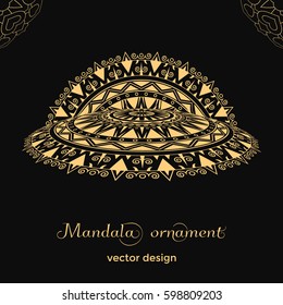Golden mandala pattern on black background. Brochure template for advertising business.