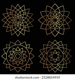 Golden mandala patterns, intricate geometric designs, symmetrical floral motifs, spiritual symbols,