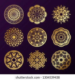 Golden Mandala Patterns Set On Black Background