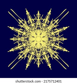 Golden mandala with quad peaks on dark indigo. Vector.