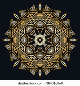 Golden Mandala round ornament decorative isolated element, geometric floral circular pattern. Tribal ethnic Arabic Indian motif. Hand drawn fantasy abstract background. Gold and black