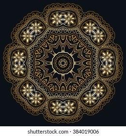 Golden Mandala round ornament decorative isolated element, geometric floral circular pattern. Tribal ethnic Arabic Indian motif. Hand drawn fantasy abstract background. Gold and black