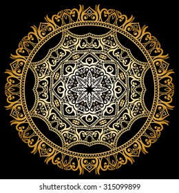Golden Mandala round ornament, tribal ethnic pattern, arabic Indian motif, isolated decorative element for Invitation or Card design. Vector fashion illustration, hand drawn background