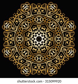 Golden Mandala round ornament, tribal ethnic pattern, arabic Indian motif, isolated decorative element for Invitation or Card design. Vector fashion illustration, hand drawn background