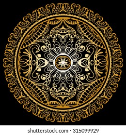 Golden Mandala round ornament, tribal ethnic pattern, arabic Indian motif, isolated decorative element for Invitation or Card design. Vector fashion illustration, hand drawn background