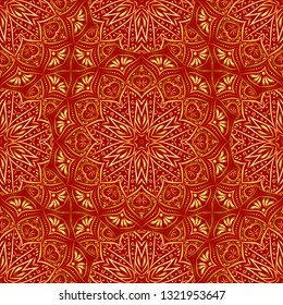 Golden mandala seamless pattern on red background.