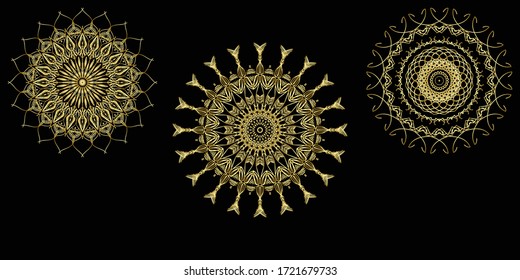 Golden mandala set, ancient Indian vedic background design, old painting texture with multiple mathematical shapes