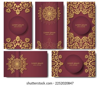 Golden mandala. Set of five burgundy backgrounds with a circular ethnic pattern. Luxurious design in invitation, packaging, cover, flyer. 